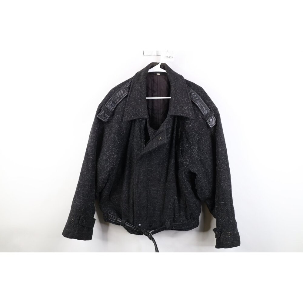Vtg 90s Streetwear Mens 44 Leather Trim Belted Wool Bomber Jacket Atomic Fleck